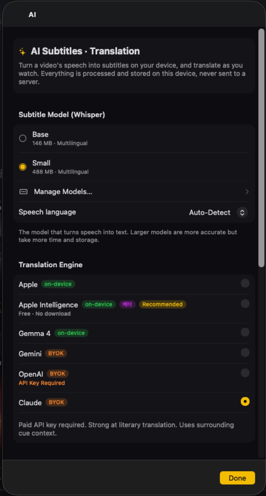 AI subtitle and translation engine settings — on-device and bring-your-own-key models