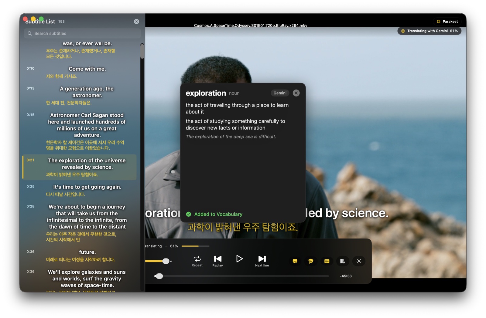 Learning mode on Mac: the subtitle browser with the full transcript, dual subtitles, a tap-to-define dictionary, and a word added to vocabulary