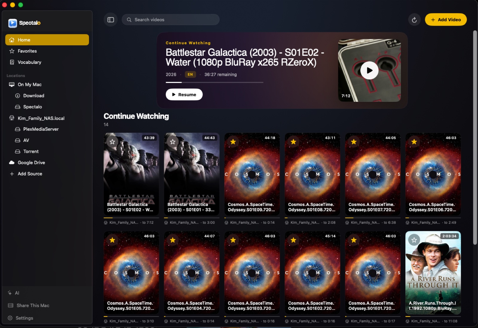 Spectalo library on Mac with Continue Watching and artwork