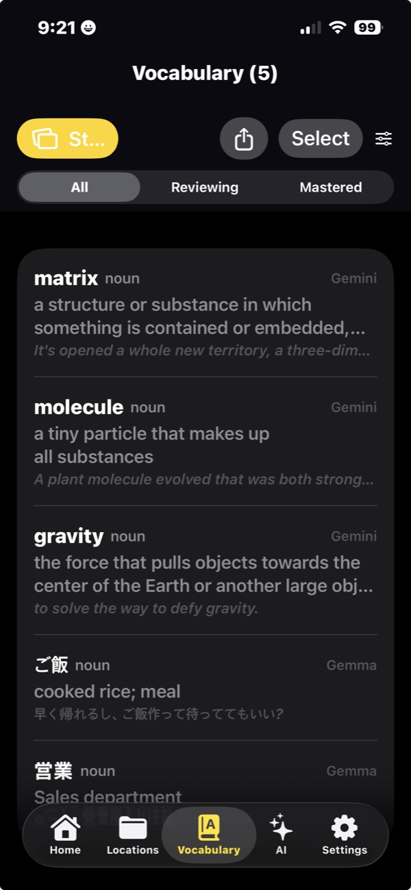 Vocabulary list on iPhone